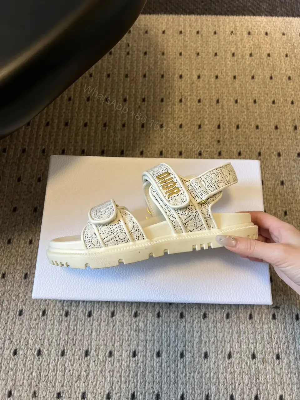 View 9 of Textured Monogram Sandals: Luxe Comfort, Velcro Strap Sandals