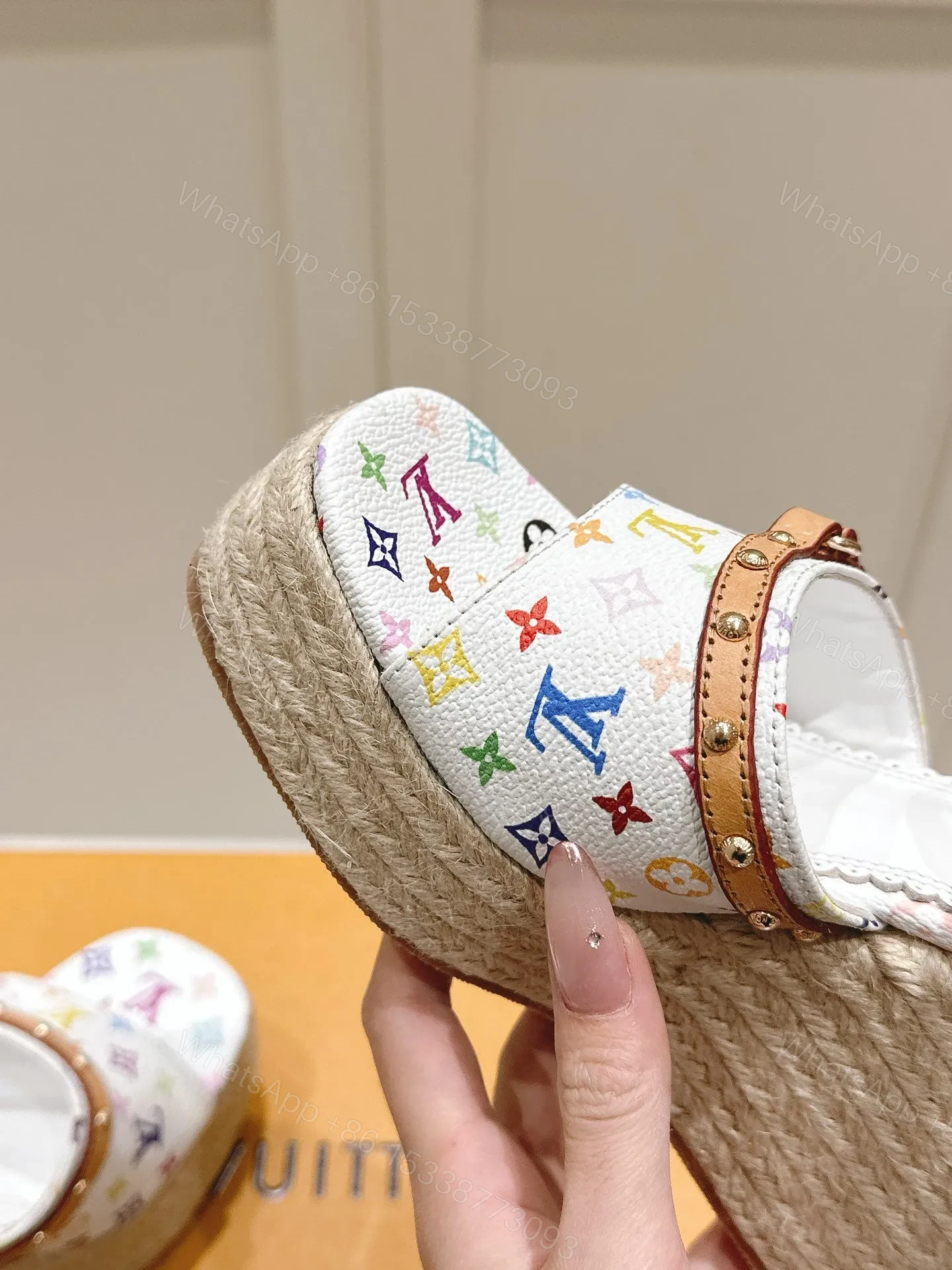 View 2 of LV Women White Leather Multicolor Print Wedge Sandals