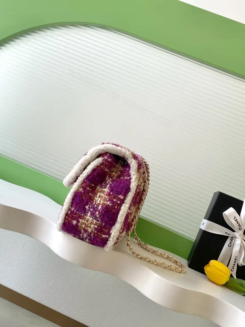 View 5 of Bouclé Texture Shearling-Trim Chain Flap Bag, Compact Chic