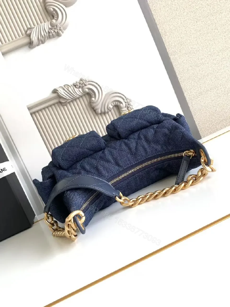 View 3 of Quilted Denim Shoulder Bag with Gold Chain Hardware