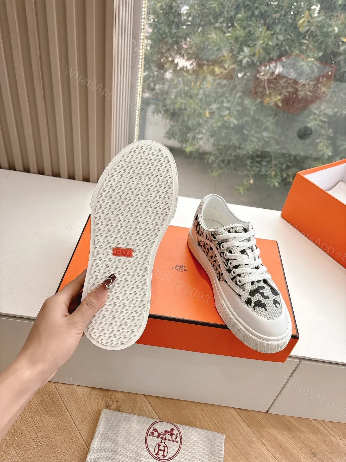 View 2 of Hermes Women White Canvas Leopard Print Sneakers