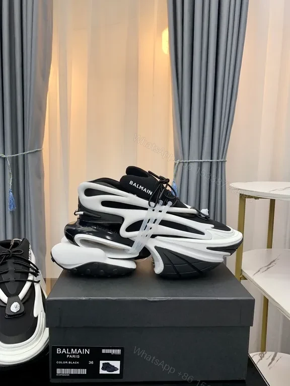 View 5 of Black Leather Knit Balmain-Style High-Top Sneakers with Plush Comfort