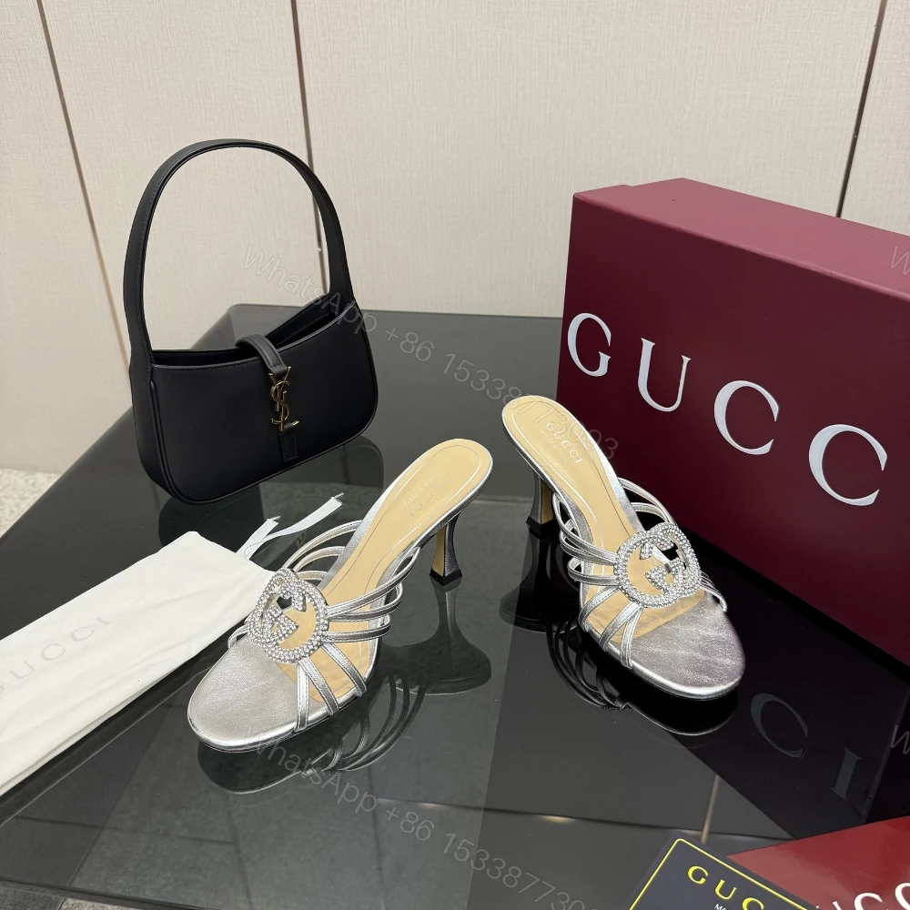 View 5 of Gucci Women Slide Sandal With Crystal Interlocking G Silver