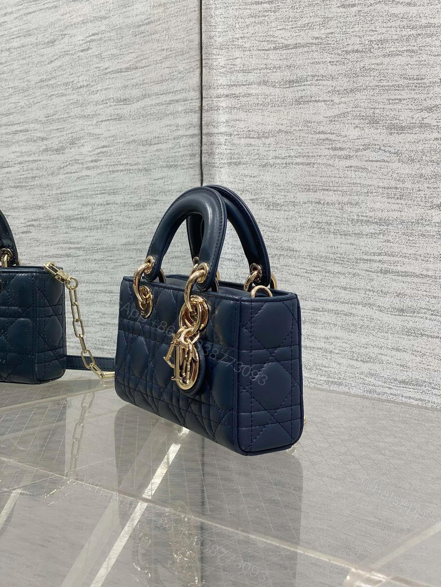 View 3 of DIOR SMALL LADY D‐JOY BAG 19 IN DARK BLUE CANNAGE GOLD HARDWARE