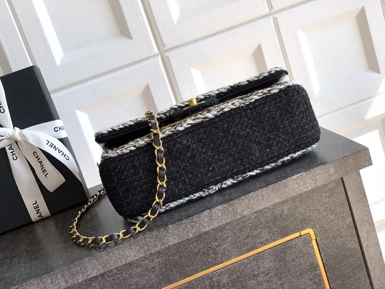 View 6 of Black Bouclé Mini Flap Bag with Chain Accents, Day-to-Evening