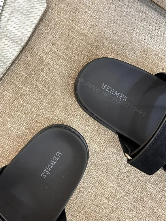View 3 of Charcoal Suede-Feel Hermes-Style Open-Back Sandals: Subtle Luxury