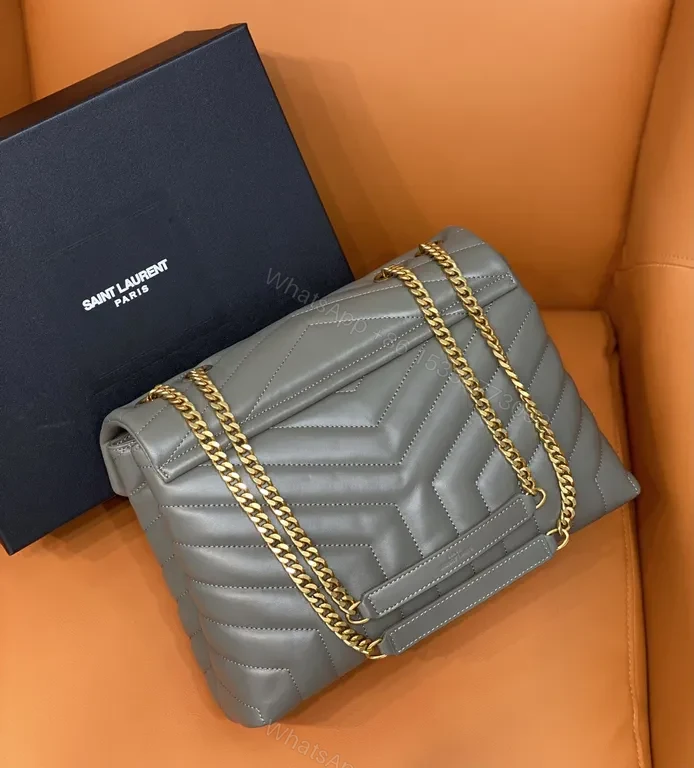 View 3 of Chevron Grey Leather Bag â€” MatelassÃ©, Gold YSL Hardware, Envelope Style