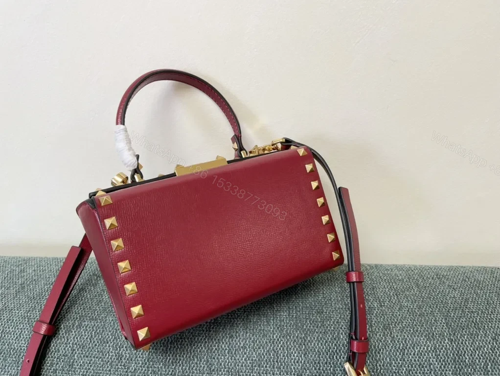 View 5 of Crimson Rockstud Box Bag: Red Calfskin, Luxury Crossbody