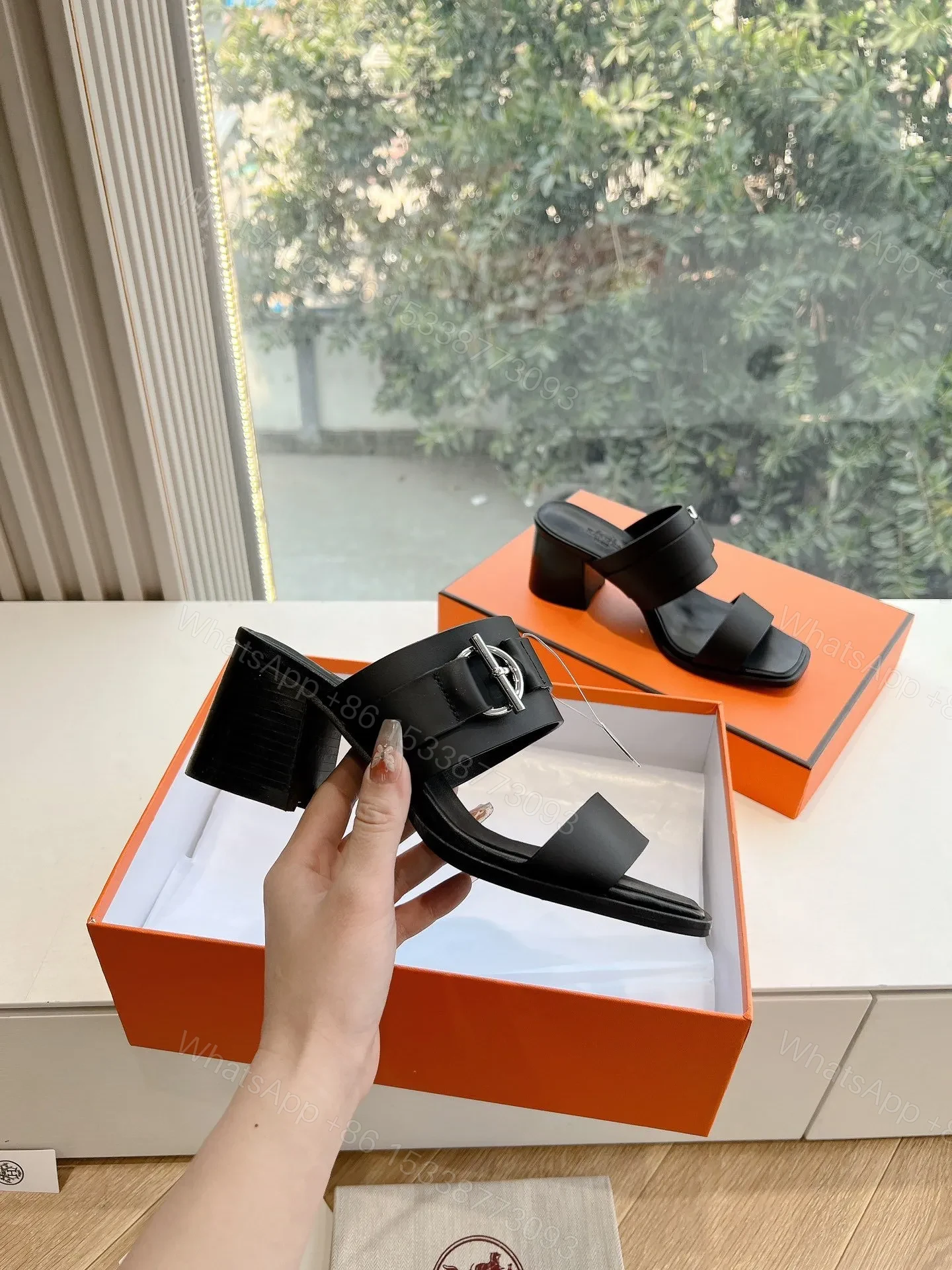 View 5 of Hermes Women Black Leather Buckle Mules
