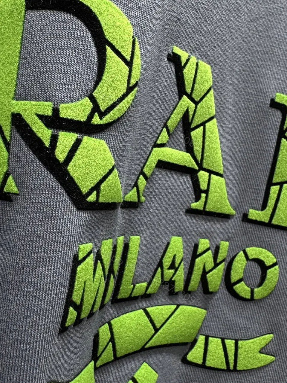 View 2 of Charcoal Cotton Tee with Neon Prada-Inspired Logo Embellishment