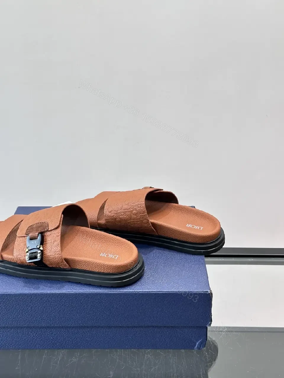 View 6 of Brown Leather Sandals Dior Embossed Classic Slide Buckle Strap Sandals