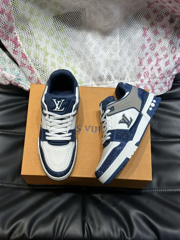 View 3 of White Leather Low-Top Sneakers with Navy LV Accent Brand-Logo