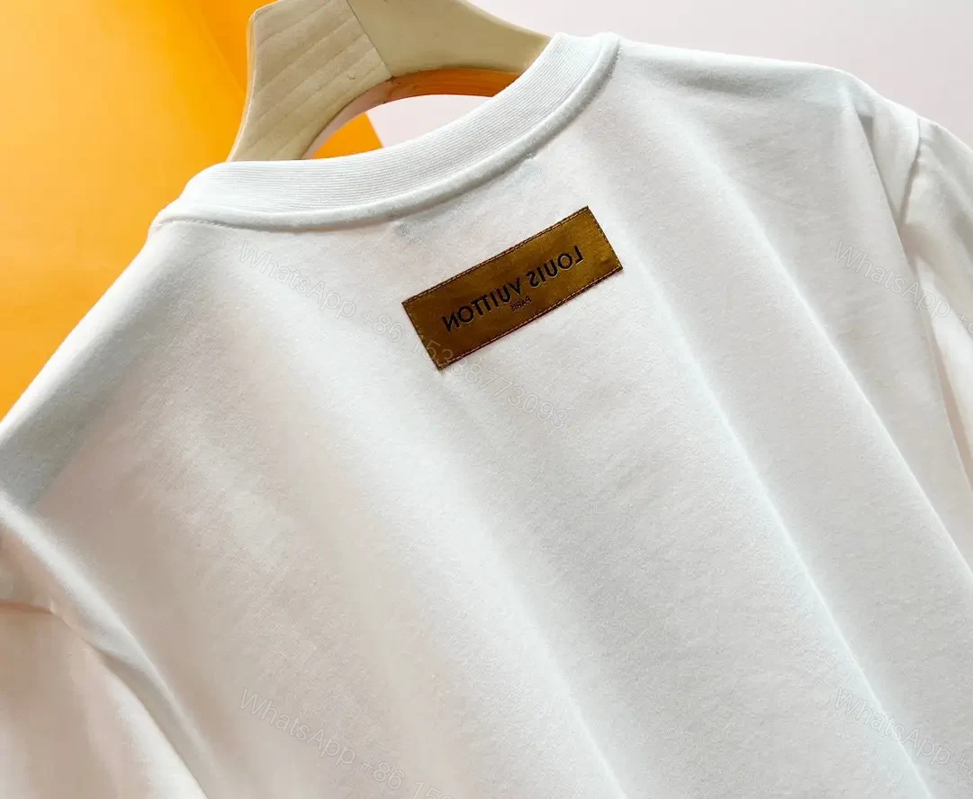 View 11 of White Cotton T-Shirt Circular LV Logo Graphic Diamonds Stars, Modern Style, Crew Neck, Short Sleeve, Black Neck Tag