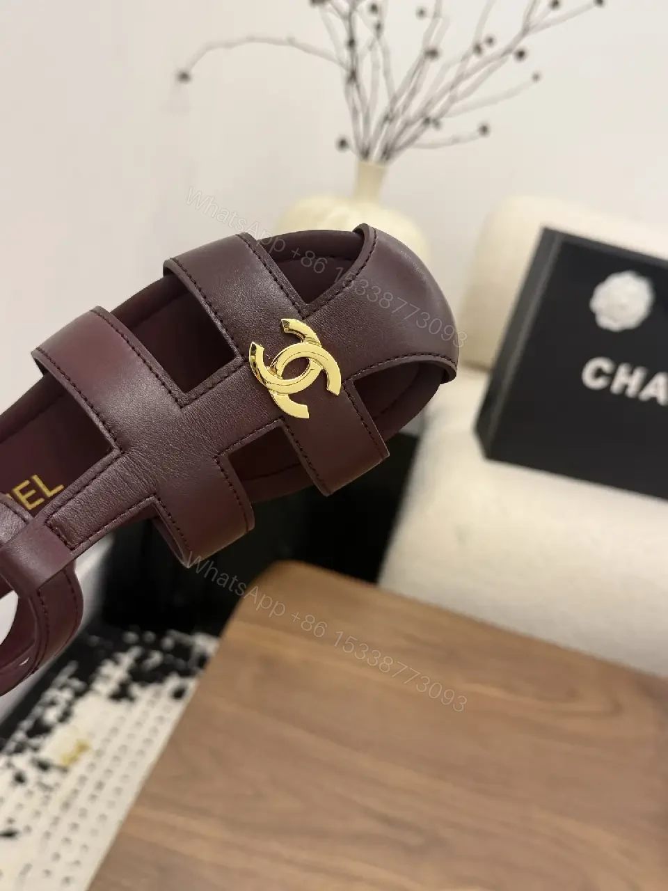 View 3 of Burgundy Leather Gladiator Sandals Gold Logo Chanel Style Sandals
