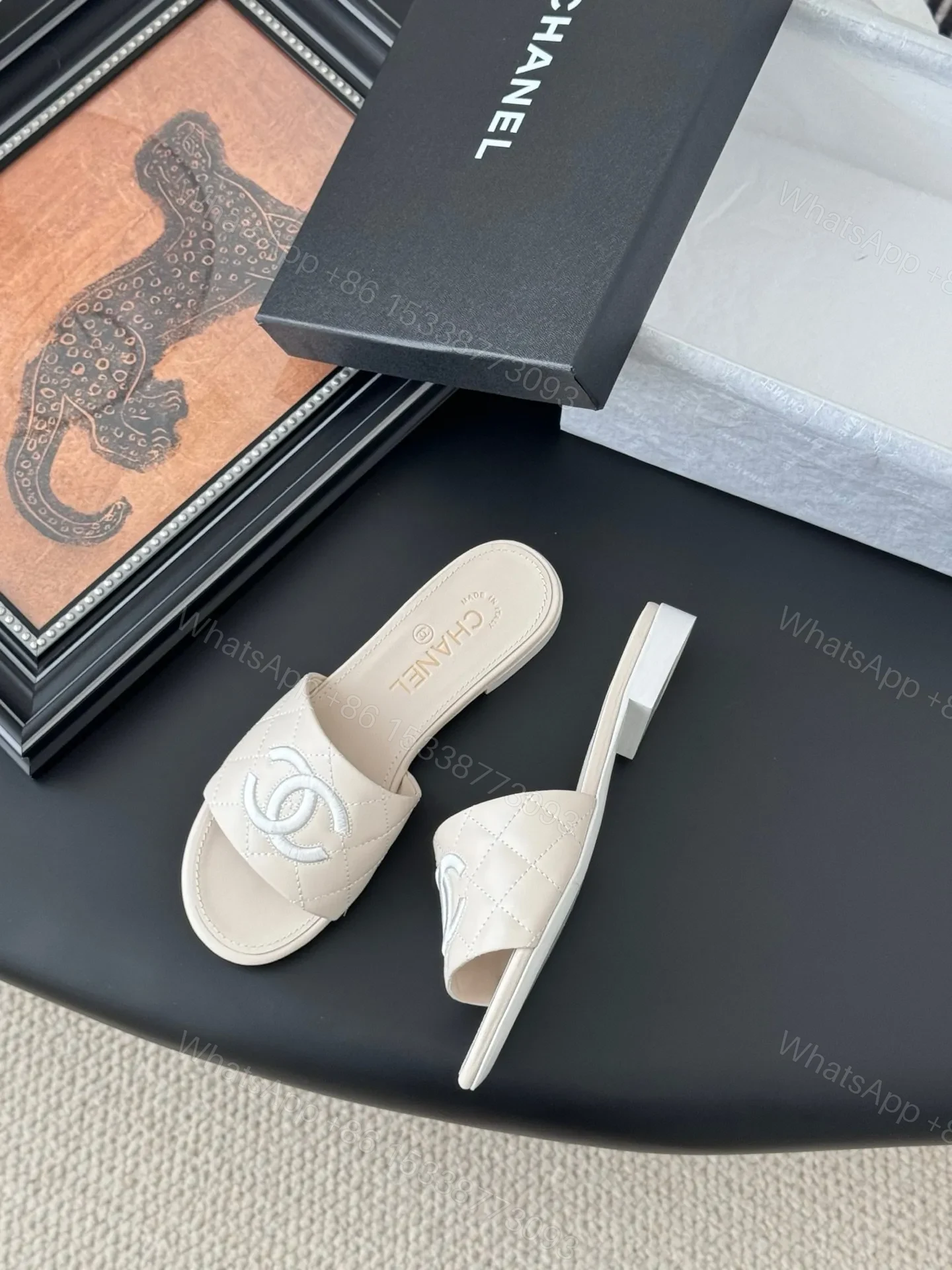 View 3 of Chanel Women Cream Quilted Leather Slides