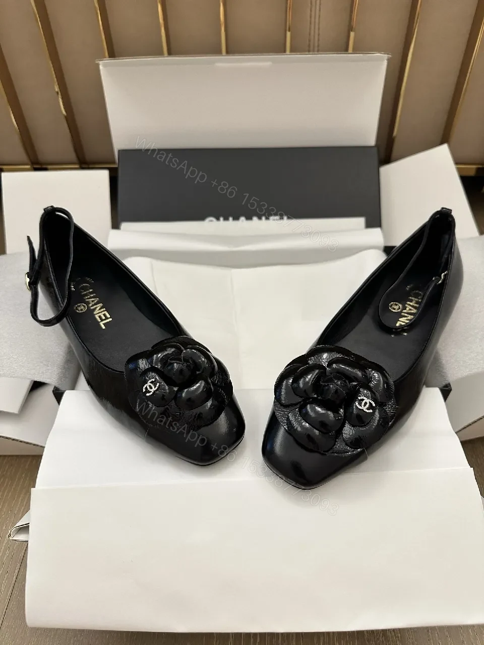 View 2 of Glam Black Patent Flats with Floral Overlay, Slip-On Shoes