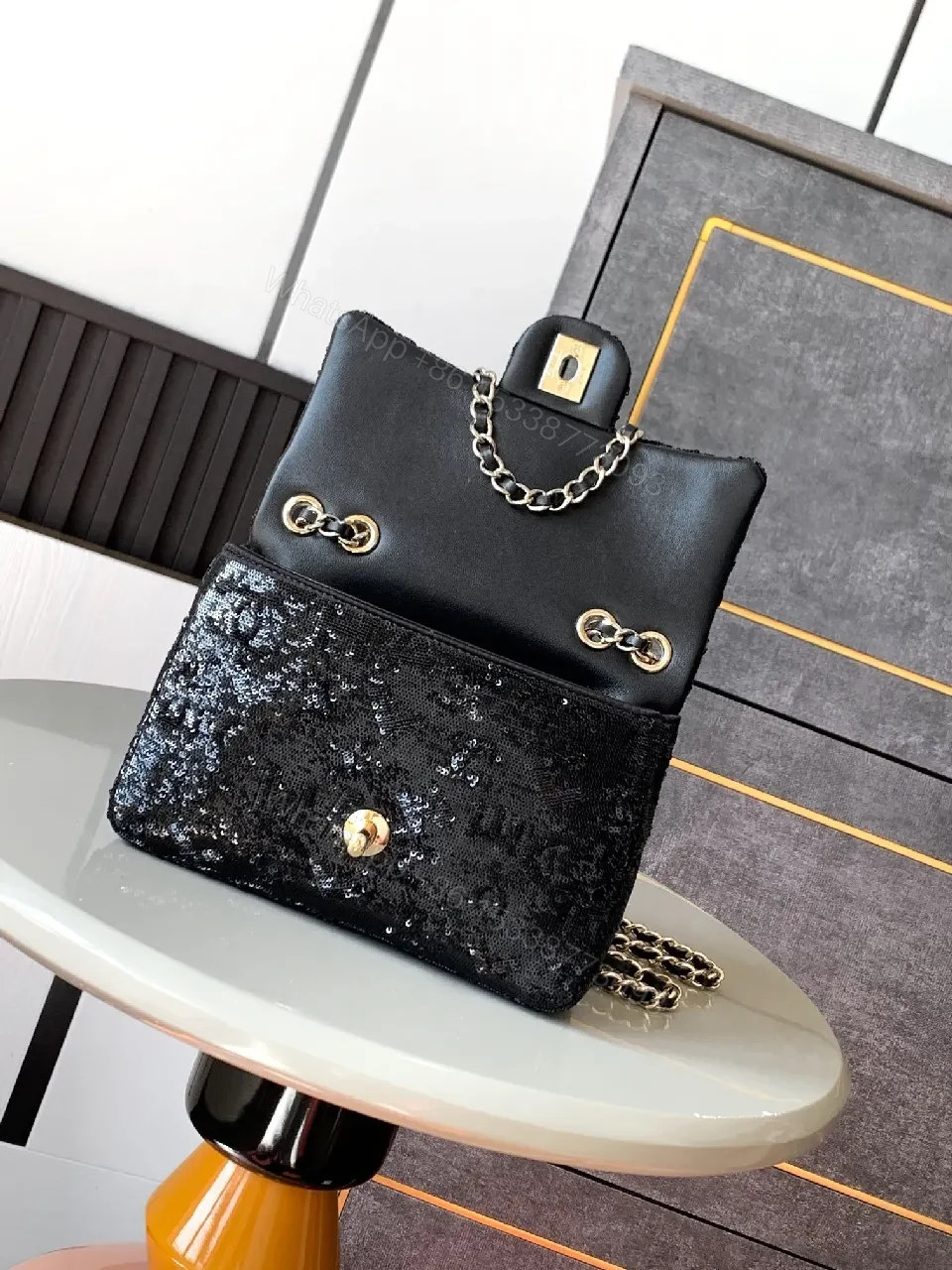 View 5 of Compact Black Sequin Handbag with Chain Strap