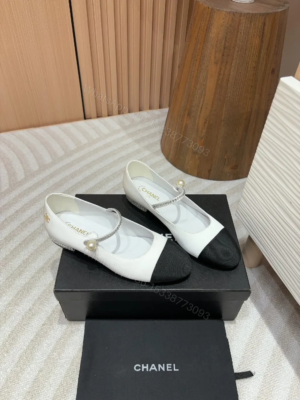 Two-Tone Pearl-Accent Mary Jane Flats — view 1