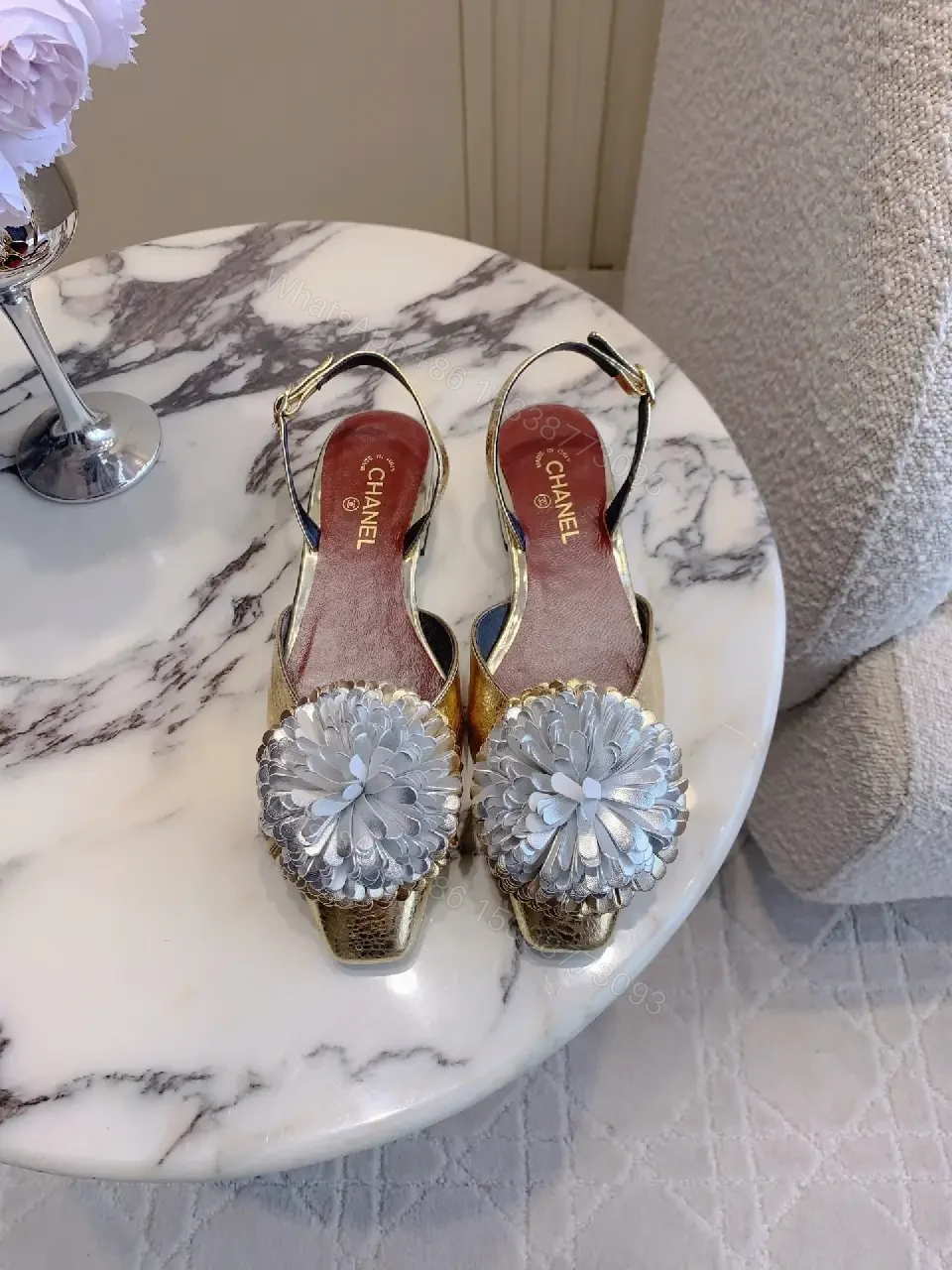 View 10 of Metallic Gold Floral Slingbacks – Open-Back Heel, Lux Comfort
