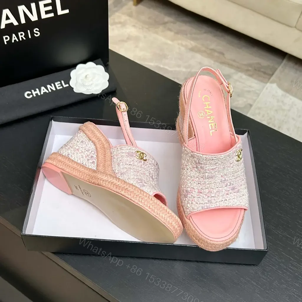 View 5 of Textured Pink Espadrille Wedges – Knit Upper, Platform Glam
