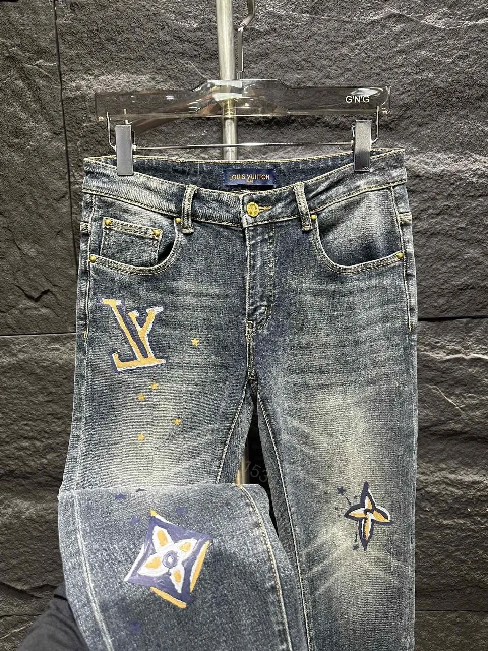 View 2 of Distressed Indigo Jeans with LV-Inspired Embellishments - Denim Luxe style