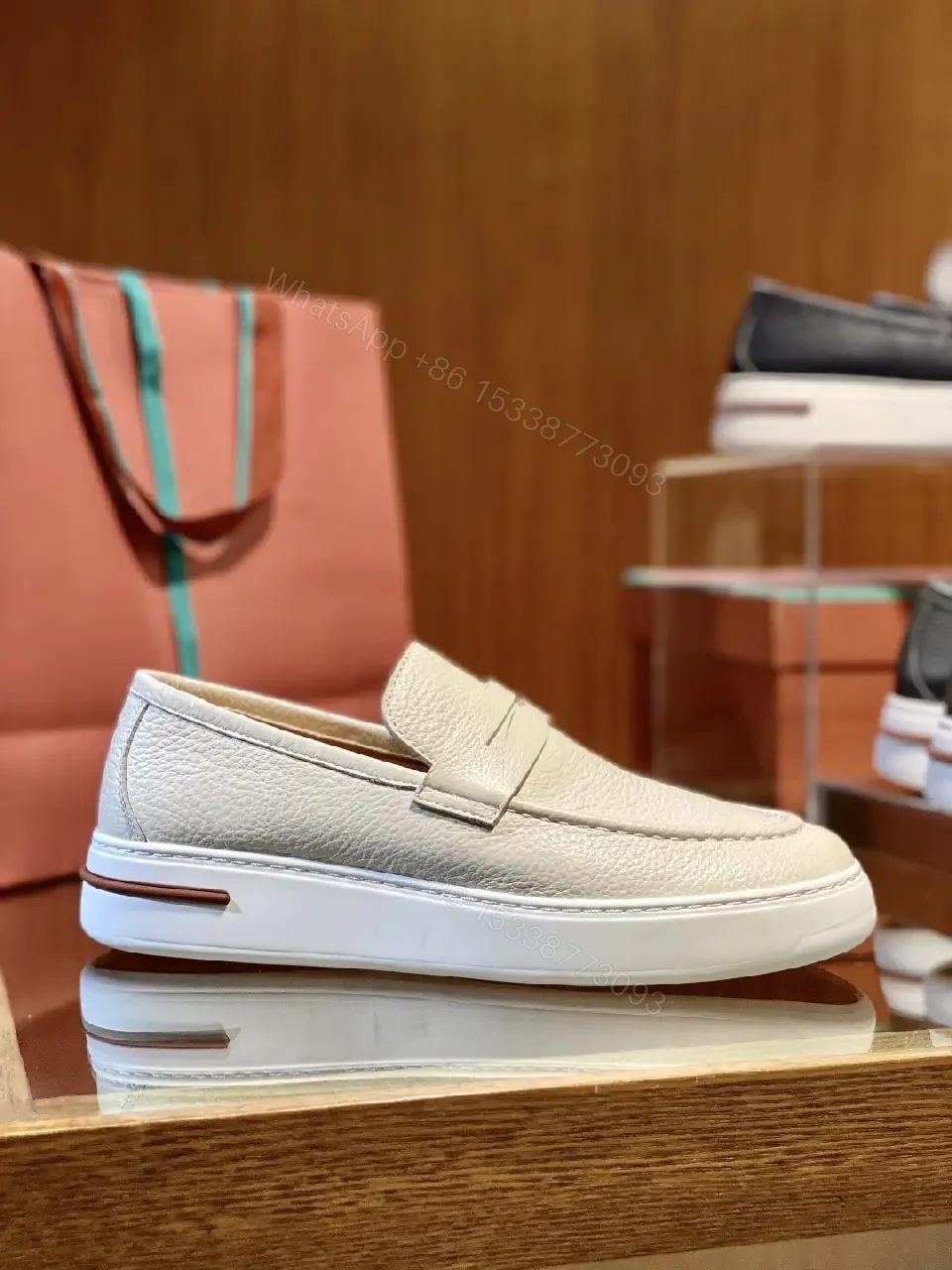 View 9 of Beige Leather Slip-On Loafers Plug-Top Comfort Shoes