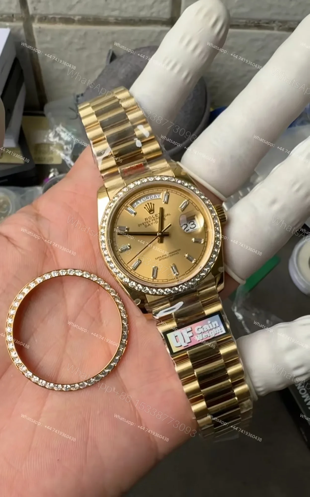 View 2 of Rolex Day-Date M228348RBR-0002 1:1 Replica Moissanite Bezel Gold Dial 40MM 3255 Movement Super Clone Watch