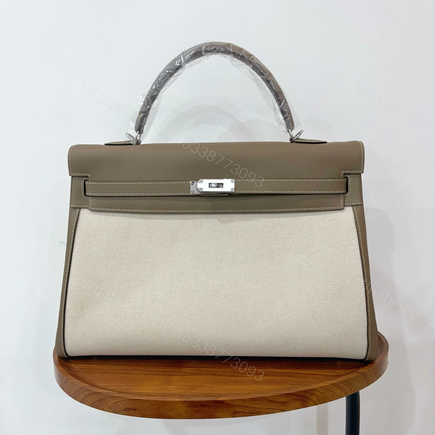 Hermès A貨 Kelly 40 灰棕色拼接帆布手提包 低調通勤大容量精品包 — view 1