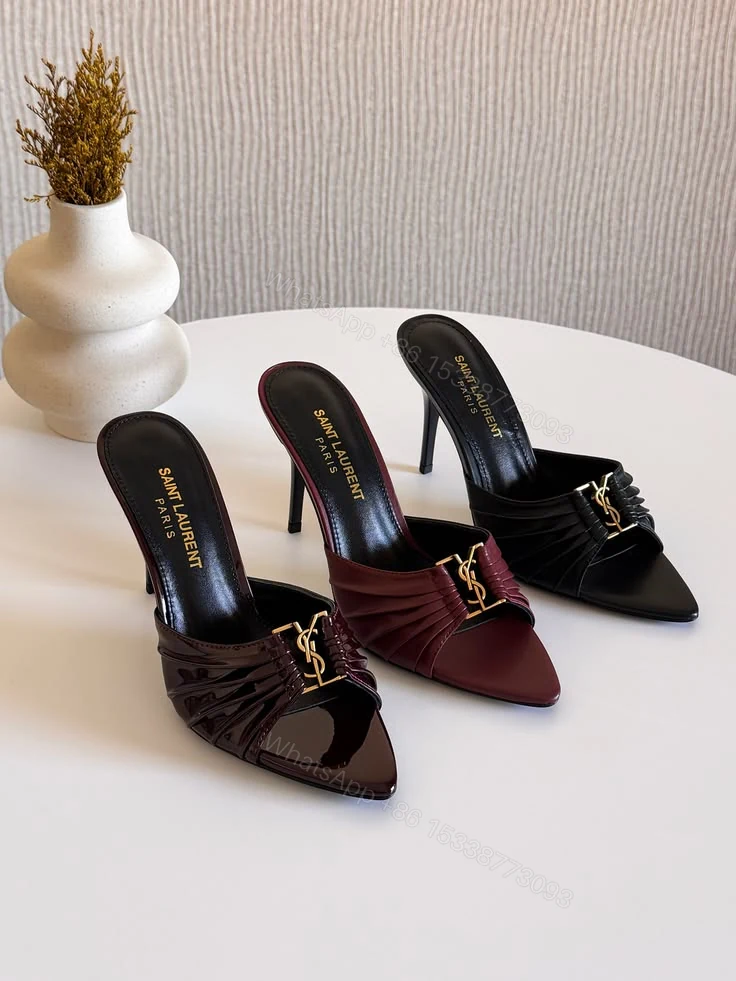 Saint Laurent Opyum Style Pleated Mule Heels – Burgundy & Black Patent Finish — view 1