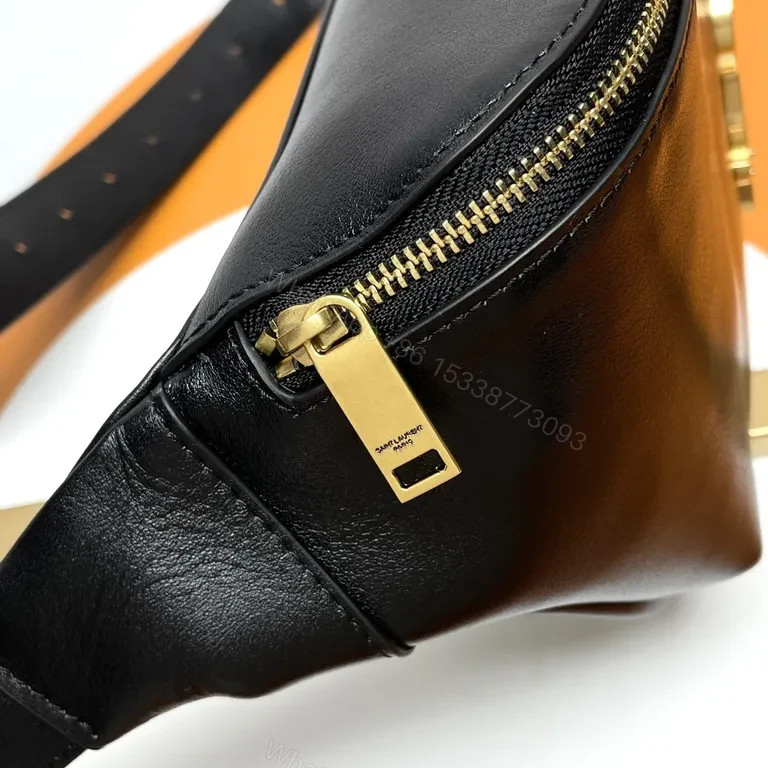 View 7 of Compact Luxe Belt Bag: YSL Monogram, Black Leather, Gold-Hardware