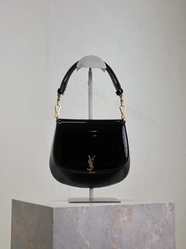 Glossy Black Patent Leather Shoulder Bag with Gold Accent — view 1