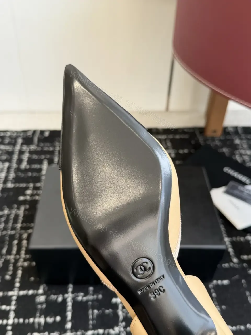 View 3 of Beige & Black Two-Tone Leather Slingback Pump with Chanel Logo