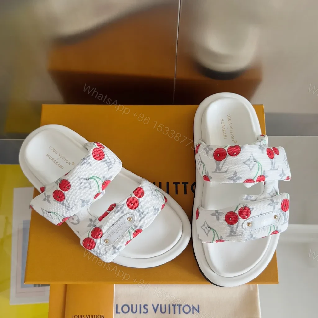 View 6 of White Canvas Cherry-Print Slides with Monogram, Velcro Strap, Comfort
