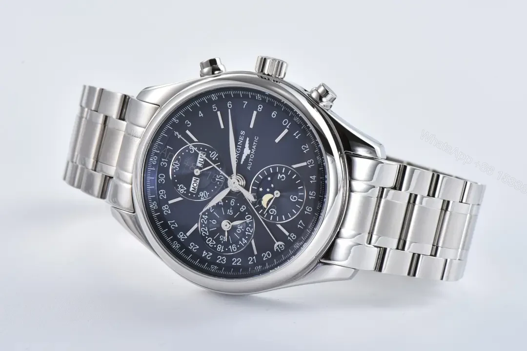 View 5 of Longines Master Collection Moonphase Chronograph Watch Silver Stainless Steel Strap Blue Dial 42mm Case TW V9 Edition