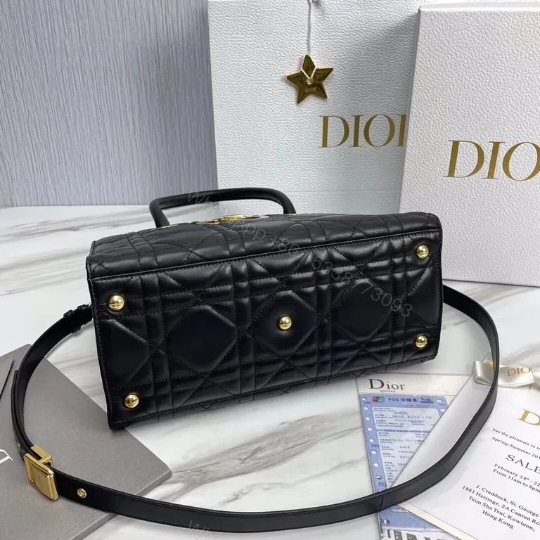 View 8 of Black Leather Quilted Handbag with Gold Dior Emblem - Luxury Everyday