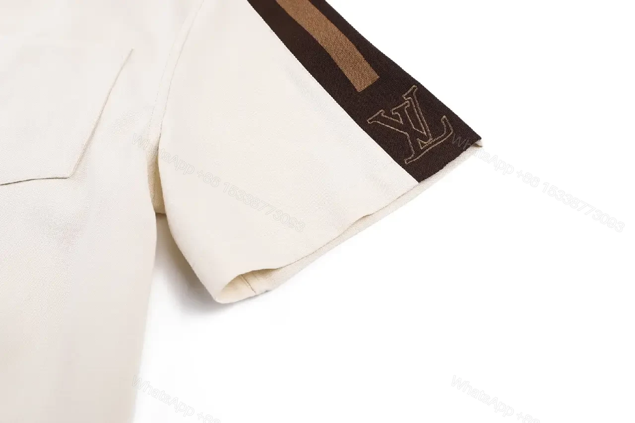 View 8 of Beige Cotton Shirt Jacket with Black Stripes, Louis Vuitton, Short Sleeve, Front Pocket, Classic Style