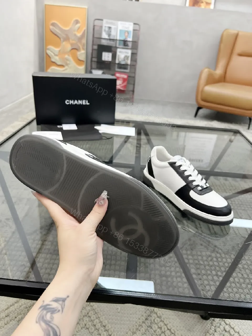 View 9 of Monochrome Leather High-Top Sneaker with Contrast Detailing