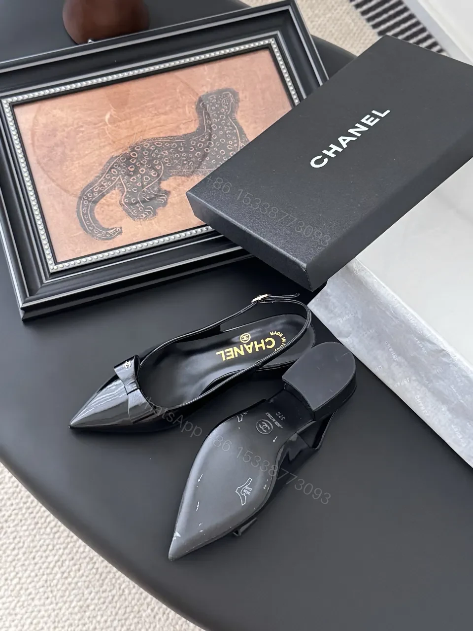 View 5 of Black Patent Slingbacks with Bow Detail - Low Block Heel, Pointed Toe, Slingback Strap