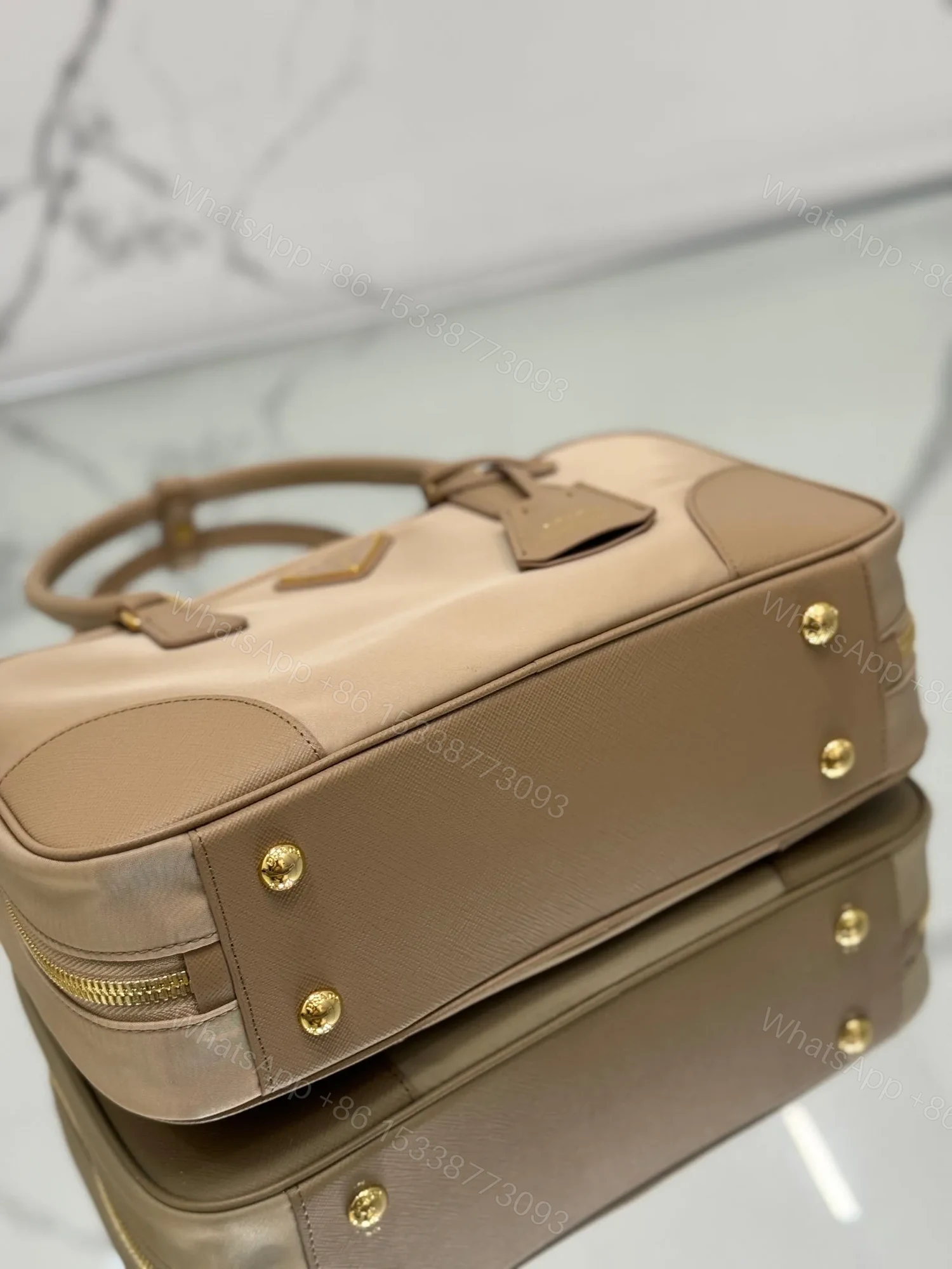 View 4 of MEDIUM TOP HANDLE BAG 30 IN DRIED MOSS NYLON AND CALFSKIN TRIM
