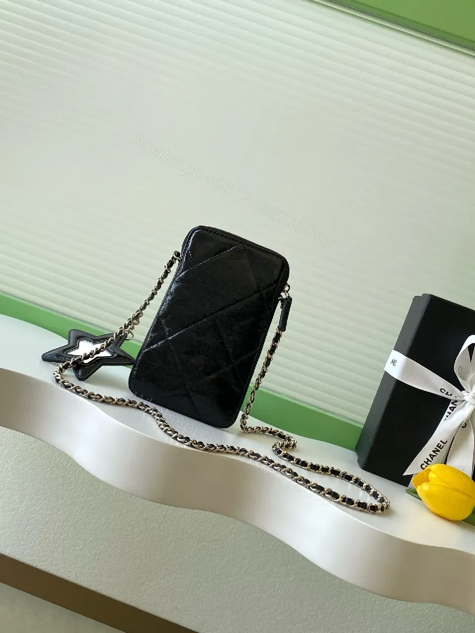 View 6 of Black Quilted Crossbody Bag with Gold Chain
