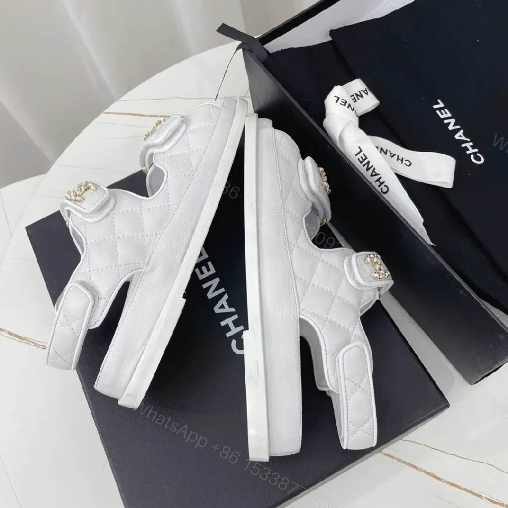 View 5 of White Quilted Leather Sandals with Gold Logo Hardware