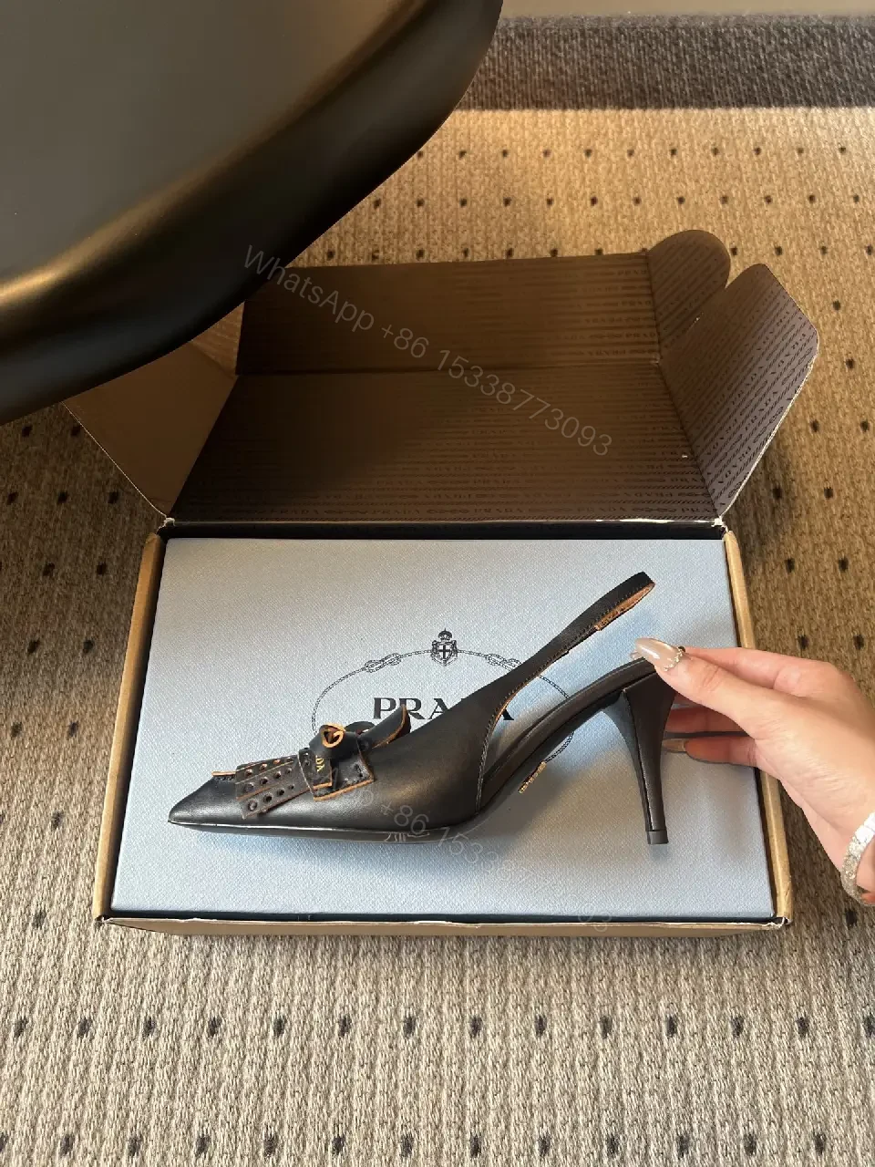 View 3 of Black Leather Prada Slingback Heels with Studded Front, Pointed Toe