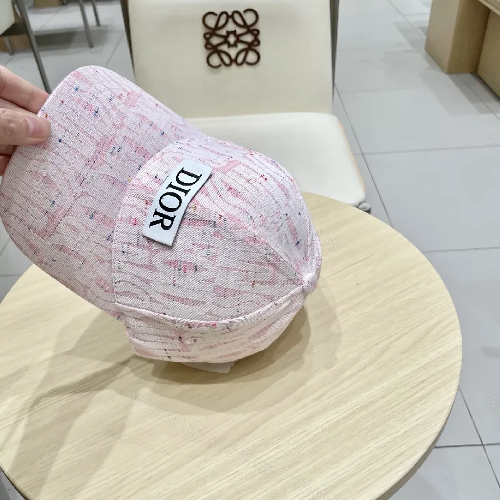 View 6 of Linen-Blend Cap: Pink Textured Knit, Dior-Inspired Patch, Soft Crown