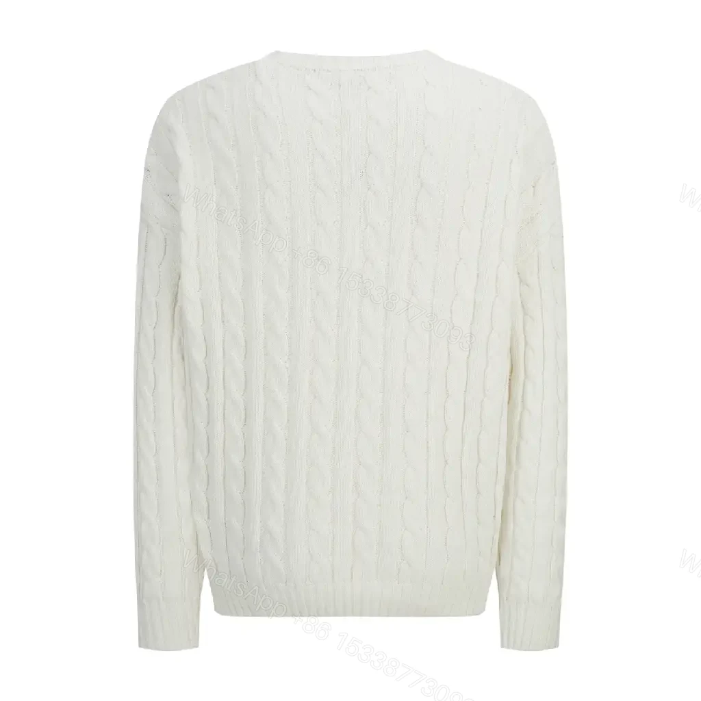 View 4 of Off-White Cream Cable-Knit Crew Neck Sweater with Logo Emblem