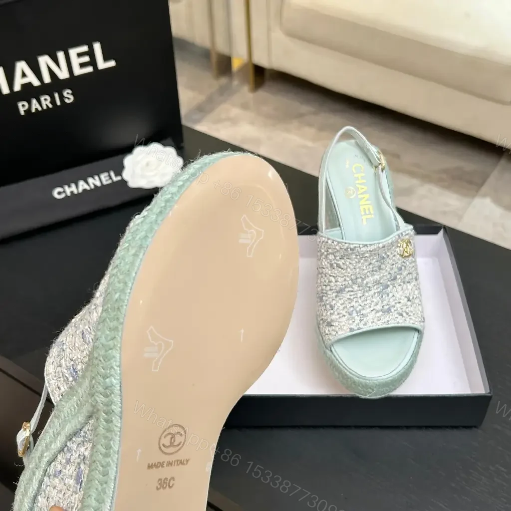 View 5 of Mint Boucle Espadrille Wedges – Platform Comfort, Logo Detail