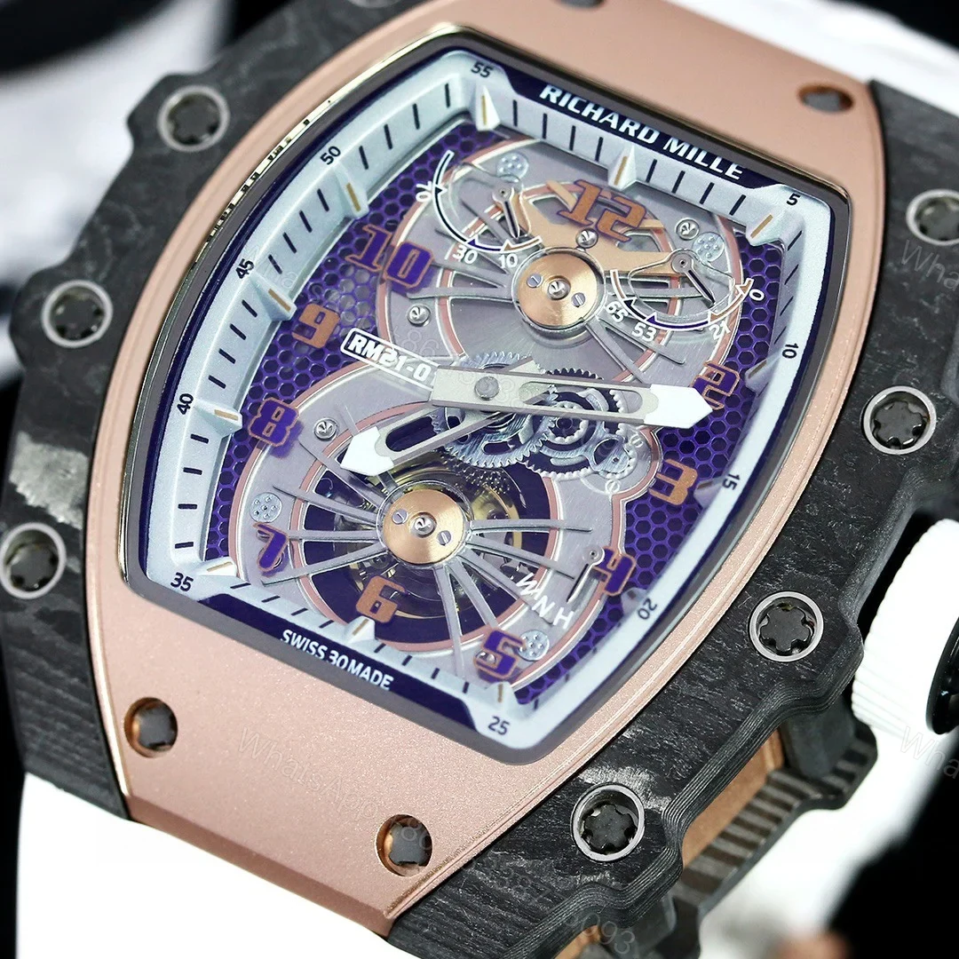 View 5 of Richard Mille RM21-01 Automatic Skeleton Watch 40MM Carbon Fiber Case White Strap Aerospace Structure 20 Keyway Screws Premium Edition RM-RM21-01-CF-WHT-SKL-40