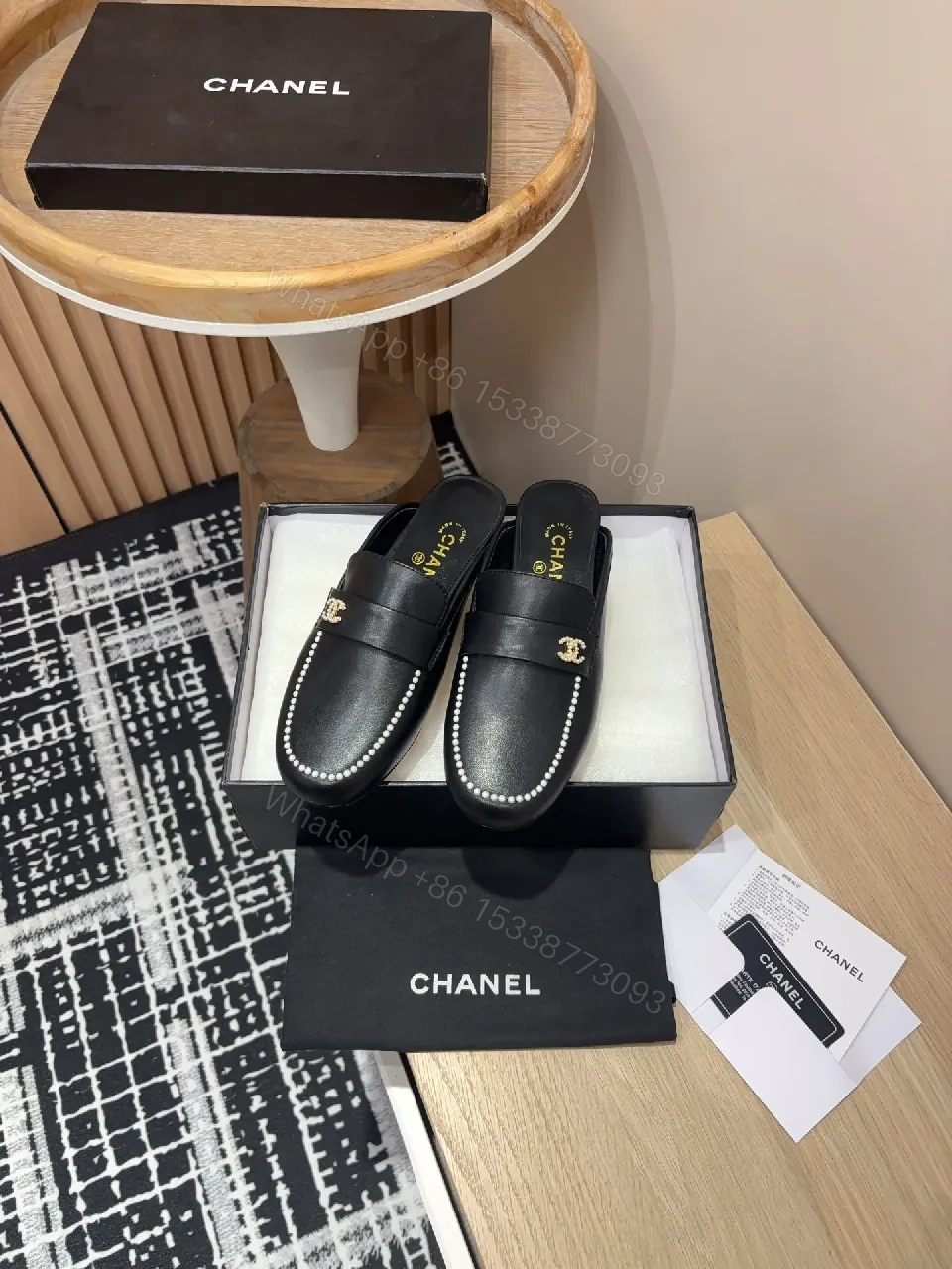View 8 of Pearl-Trim Leather Mules – Black, Gold Hardware, Luxury Style