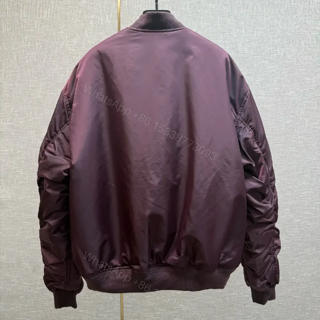 View 8 of Burgundy Satin Bomber with Crest Patch — Luxe Everyday Outerwear