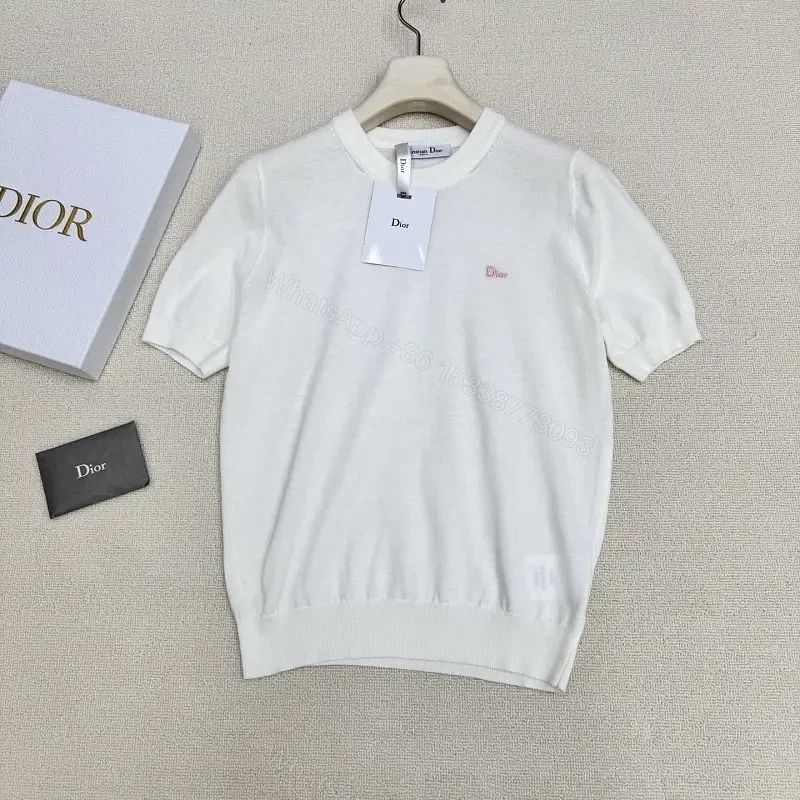 White Cotton Knit T-Shirt Dior Logo Minimalist Style — view 1