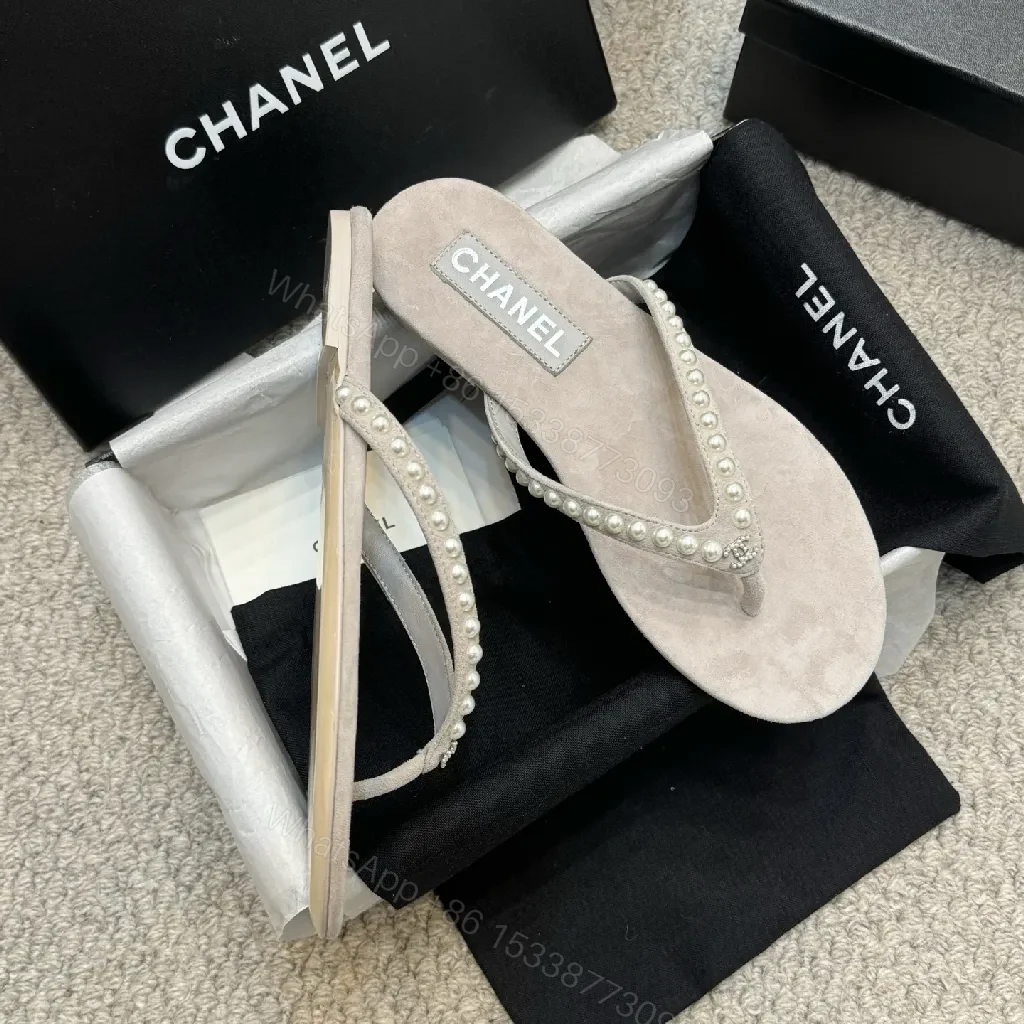 View 9 of Pearl-Embellished Suede-Texture Flip-Flops: Luxe Charm Sandals